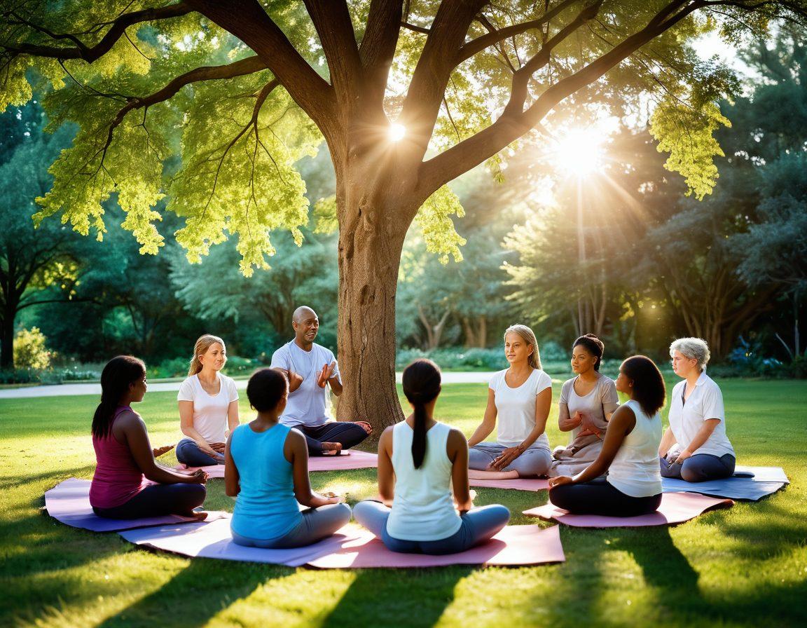 A serene scene depicting a diverse group of patients collaborating with healthcare professionals in a tranquil park, surrounded by healing nature elements like trees and flowers. Include symbols of support like hand-holding, a circle of trust, and diverse wellness activities such as yoga and meditation. Warm sunlight illuminates the group, emphasizing hope and solidarity. This image should inspire empowerment and community. vibrant colors. soft focus.