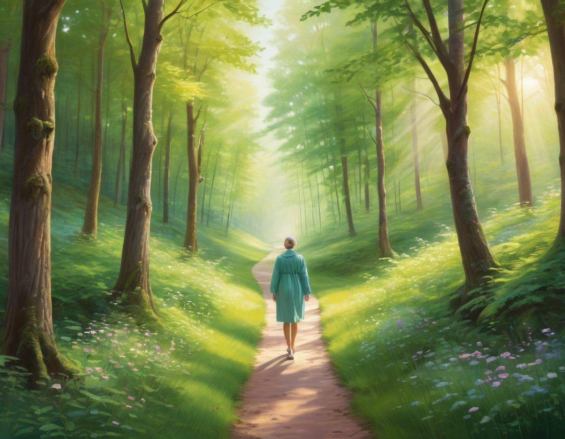 A serene pathway through a lush green forest, symbolizing the journey of cancer patients. Alongside the path, signs represent different treatment options like chemotherapy, radiation, and support services. Soft light filters through the trees, creating an uplifting atmosphere. A figure walking with a supportive friend, conveying hope and companionship. painterly style. vibrant colors. natural light.