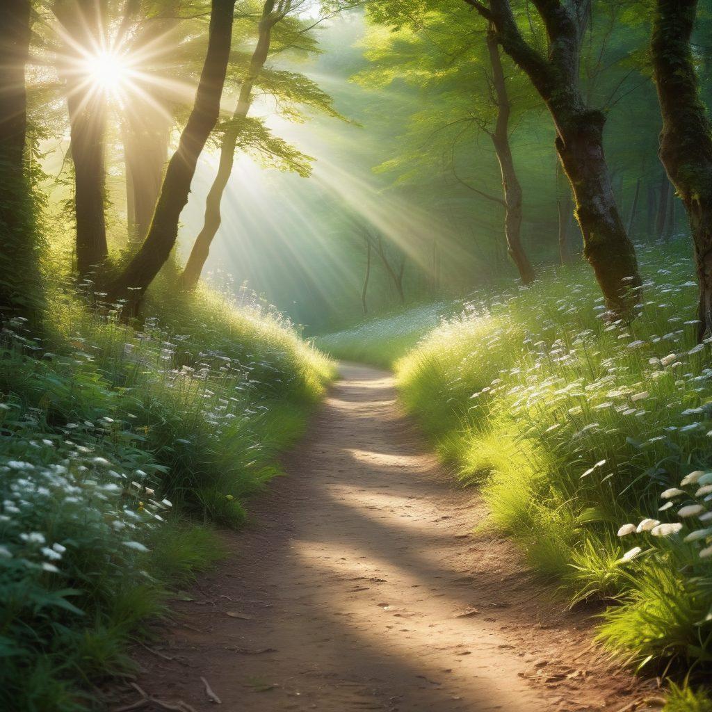 A serene path through a lush green forest symbolizing the journey from diagnosis to treatment, with soft rays of sunlight breaking through the trees to create a hopeful atmosphere. Along the path, depict subtle elements of healing and support, such as a stethoscope, a blooming flower, and supportive hands reaching out. The image should evoke feelings of guidance, hope, and resilience. super-realistic. vibrant colors. soft focus.